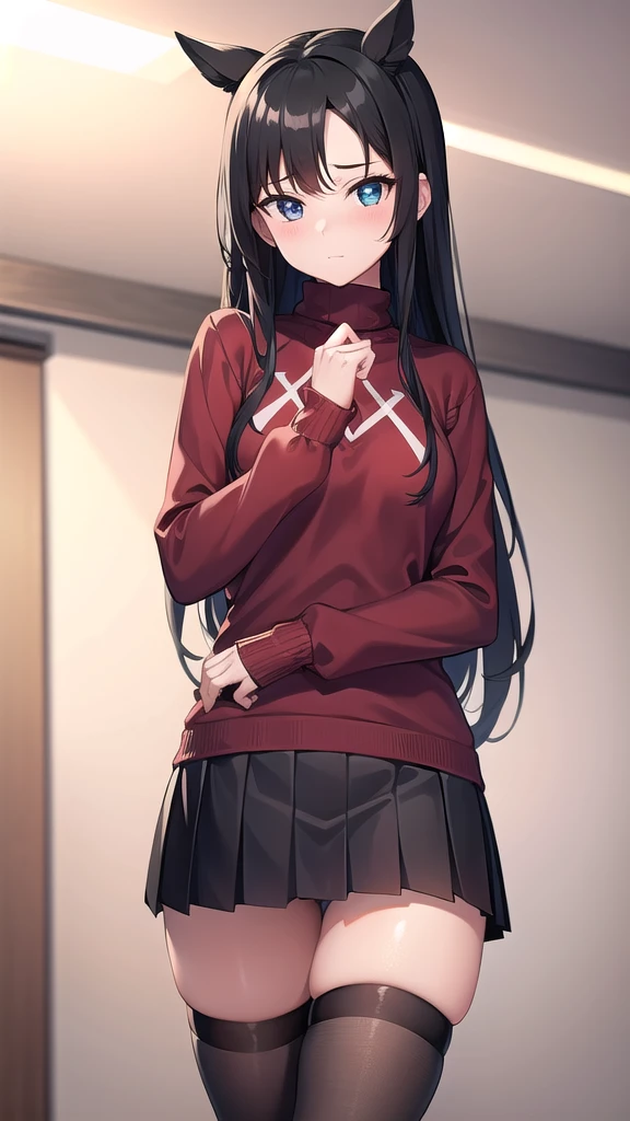 rintohsaka, rin tohsaka kyockcho, aqua eyes, (black hair:1.5), hair ribbon, long hair, ribbon, sidelocks, two side up, (parted bangs:1.5),
BREAK black skirt, black thighhighs, long sleeves, miniskirt, pleated skirt, (red sweater:1.5), skirt, sweater, thighhighs, turtleneck,
BREAK indoors, classroom,school,
BREAK looking at viewer,
BREAK (masterpiece:1.2), best quality, high resolution, unity 8k wallpaper, (illustration:0.8), (beautiful detailed eyes:1.6), extremely detailed face, perfect lighting, extremely detailed CG, (perfect hands, perfect anatomy), upskirt, shows panties,sexy panties,from below, camel toe,