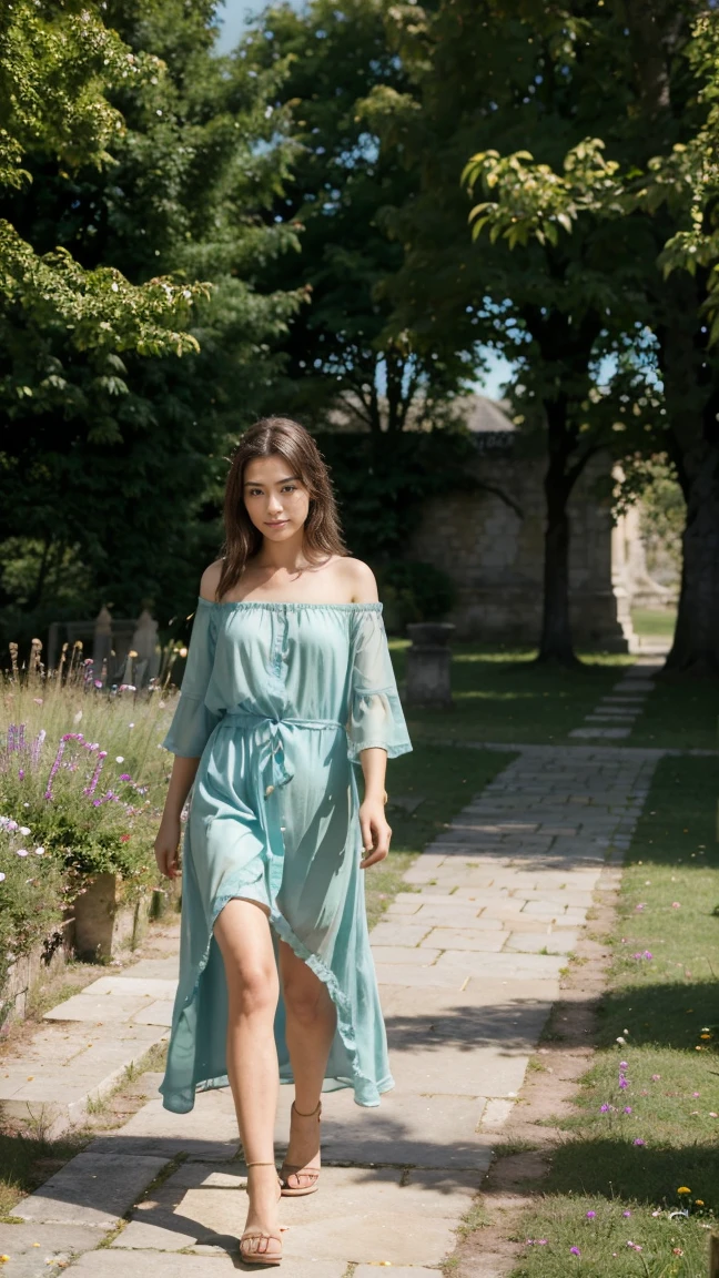 Une jeune femme de 20 ans style européenne avec des cheveux bruns et des yeux clairs se tient dans un grand jardin public. Elle porte une robe verte élégante qui ondule légèrement avec la brise. Le jardin est rempli de fleurs colorées et d'arbres majestueux, créant une atmosphère paisible et pittoresque. La lumière du soleil traverse doucement les feuilles, illuminant son visage et accentuant la couleur éclatante de sa robe. Des allées de gravier serpentent à travers le jardin, avec des bancs en bois et des statues classiques éparpillés autour.