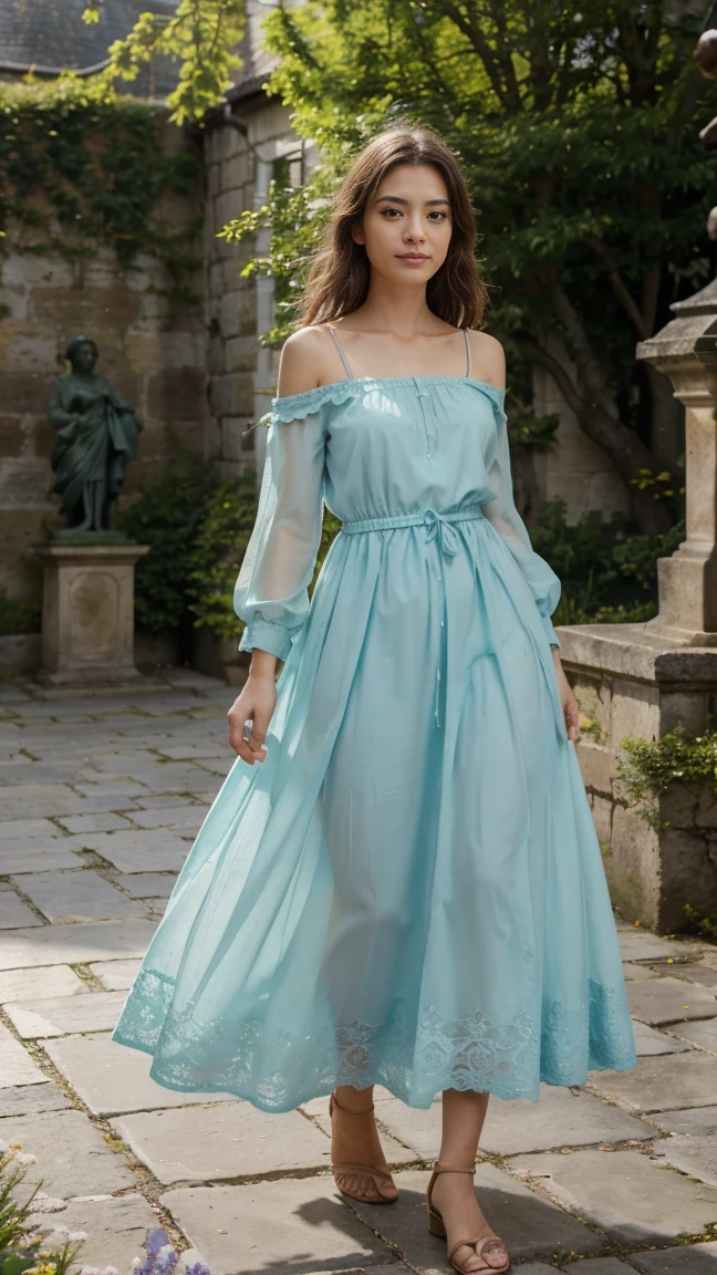 Une jeune femme de 20 ans style européenne avec des cheveux bruns et des yeux clairs se tient dans un grand jardin public. Elle porte une robe verte élégante qui ondule légèrement avec la brise. Le jardin est rempli de fleurs colorées et d'arbres majestueux, créant une atmosphère paisible et pittoresque. La lumière du soleil traverse doucement les feuilles, illuminant son visage et accentuant la couleur éclatante de sa robe. Des allées de gravier serpentent à travers le jardin, avec des bancs en bois et des statues classiques éparpillés autour.