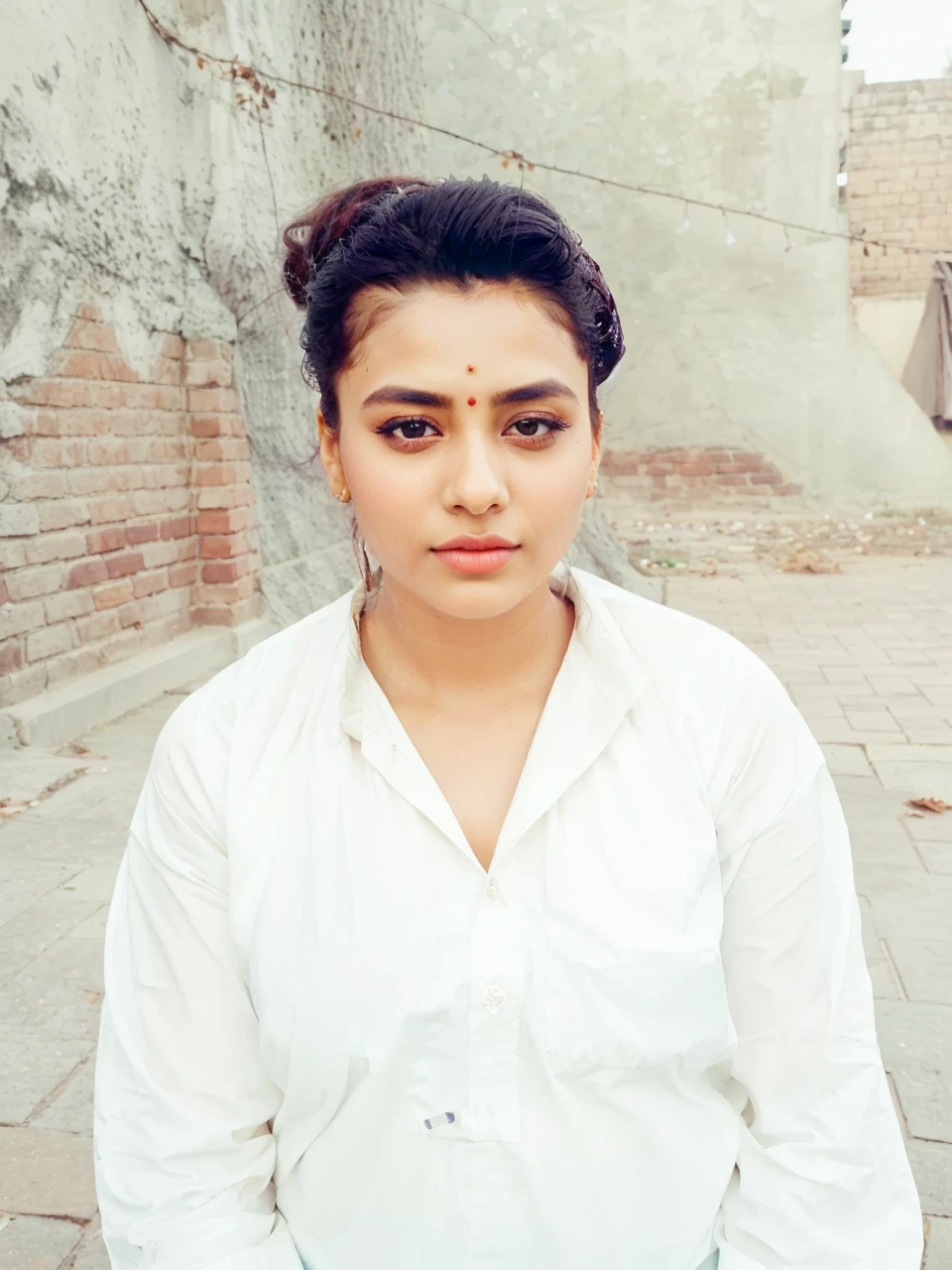 Girl with saree, big eyes, sharp nose, wet lips, long hair, read face, sexy body, in tree ,wer eyes
