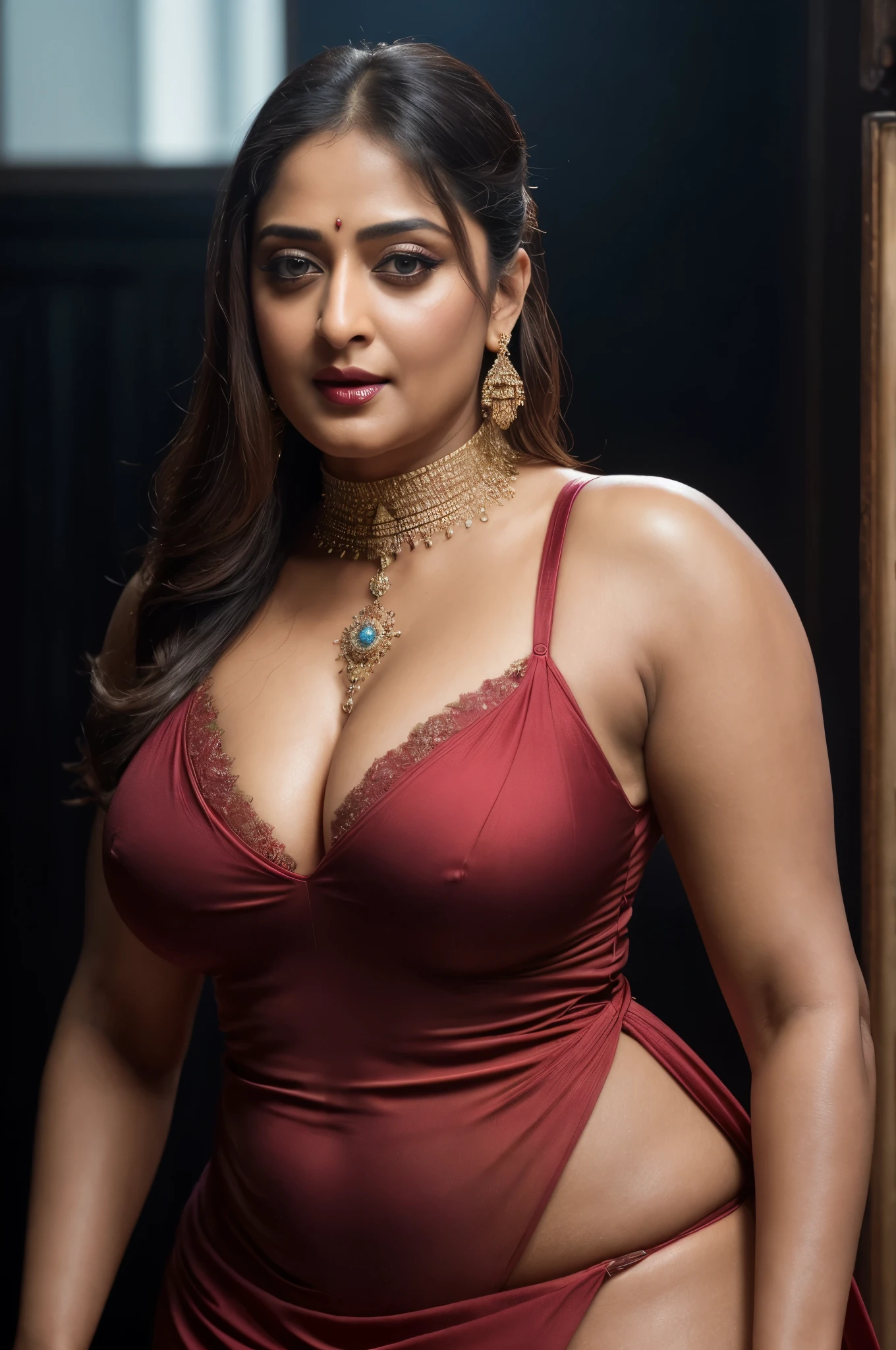 50yo mature MILF Anushka Shetty,((best quality)), ((masterpiece)), ((realistic)), eye kajal, mascara, red lips, sensual Beauty, provoking body, extreme sweat, sweat soaked skin, slight stretch marks, alluring figure,  bulging figure, thick charming lady, curvy, thick navel, full figured woman, eye kajal, massive breast, full body, styled hair, pierced eyes, female face,royal aura, trend on artstation , sharp focus, studio photo, intricate detail, very detailed, detailed eye, illustration, very detailed, sharp focus, digital render, professional, 4k