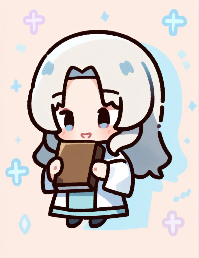 A chibi anime style emote. Of Jesus with a kind and loving smile with a Bible in his hands