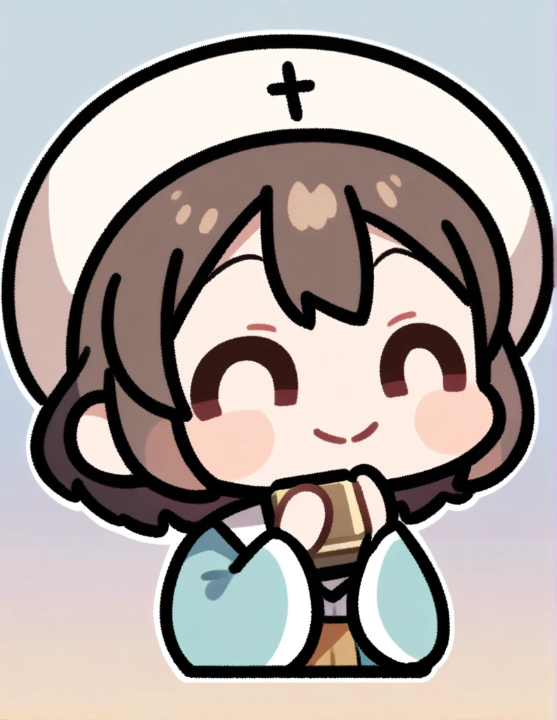A chibi anime style emote. Of Jesus with a kind and loving smile with a Bible in his hands