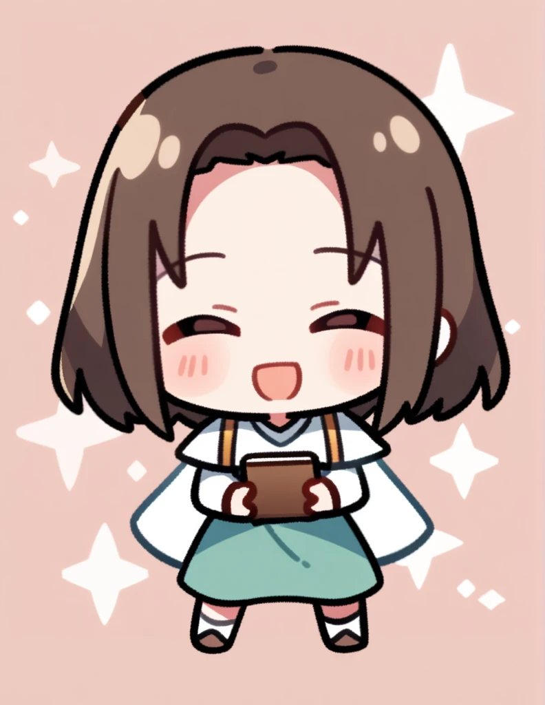 A chibi anime style emote. Of Jesus with a kind and loving smile with a Bible in his hands