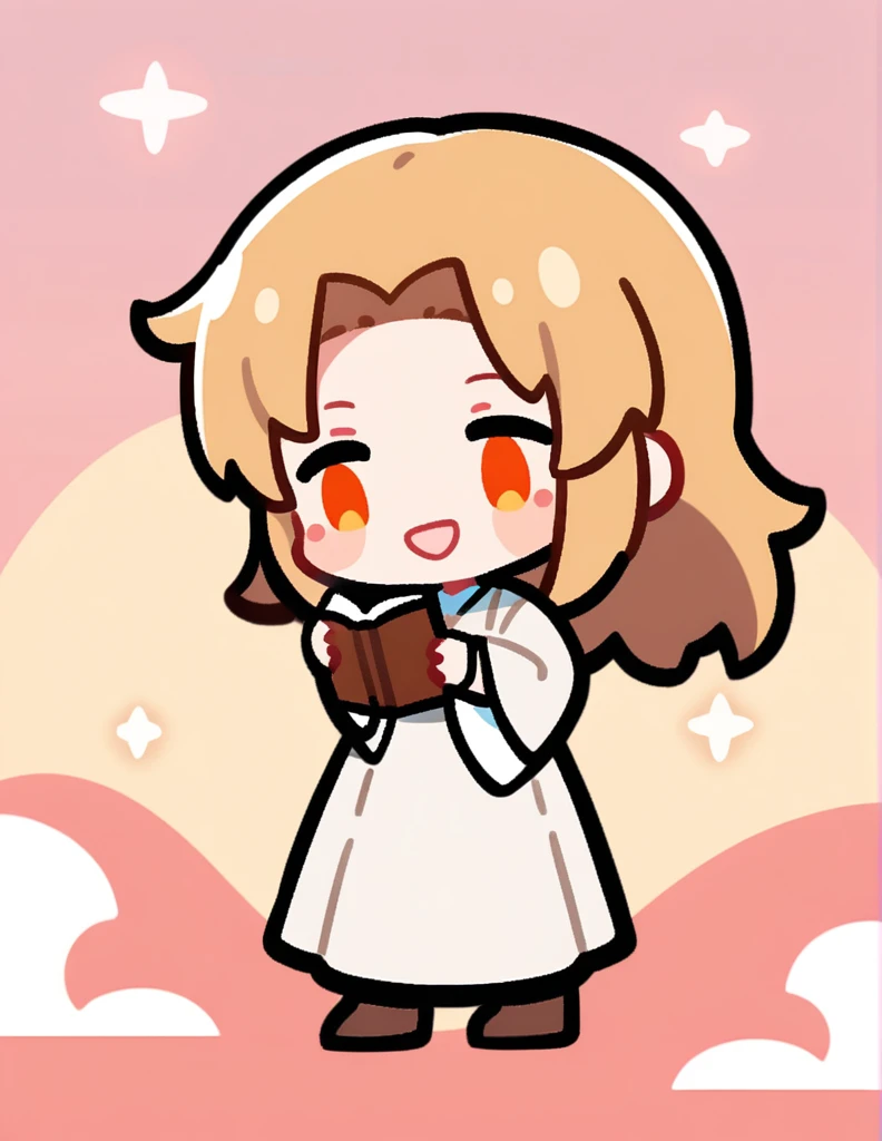 A chibi anime style emote. Of Jesus with a kind and loving smile with a Bible in his hands