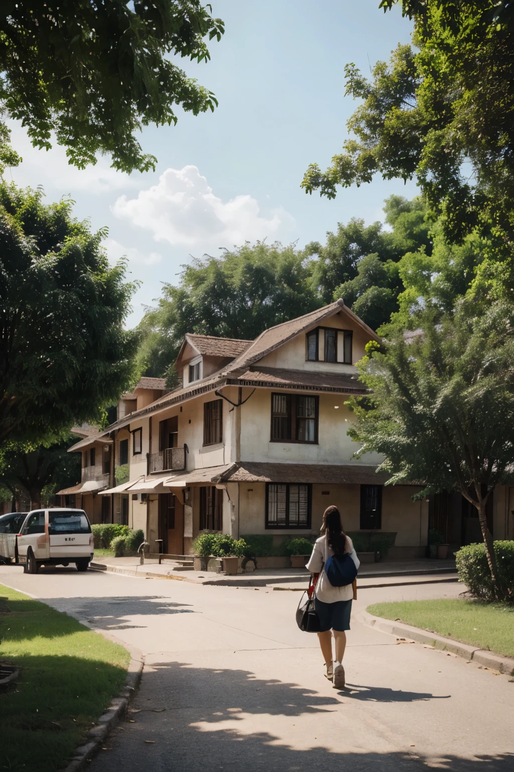 draw a perspective of a lotamanto, with several trees, beautiful houses and people walking on the street