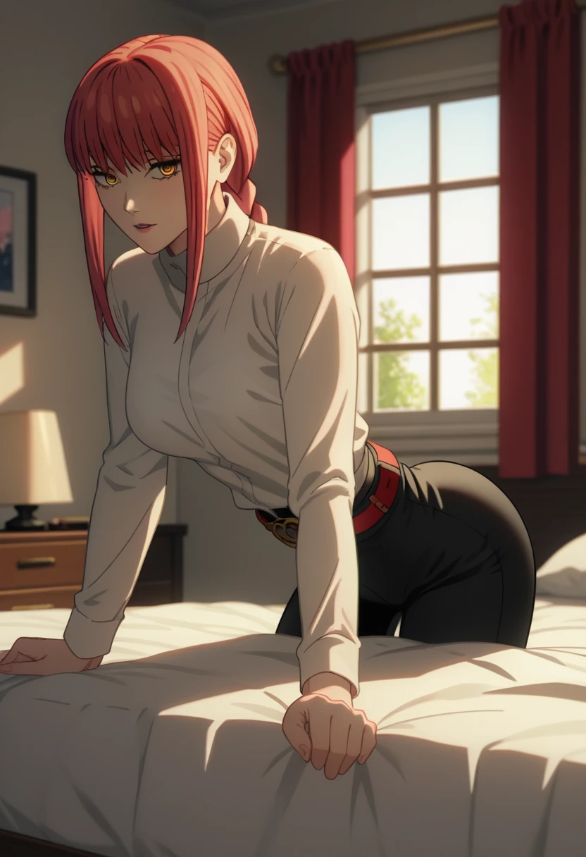 score_9_up, score_8_up, score_7_up, 1girl, solo, mature female, ((Makima)), ((red braided hair)), yellow eyes, pink lips, parted lips, fit slim body,(((perfect erected medium breast))) (((white shirt, black tight pants, belt))), (((highly detailed bedroom, window, bed))), perfect fit model body, wide hips, seductive pose, (((showing her pumped up ass))), (((from behind)))