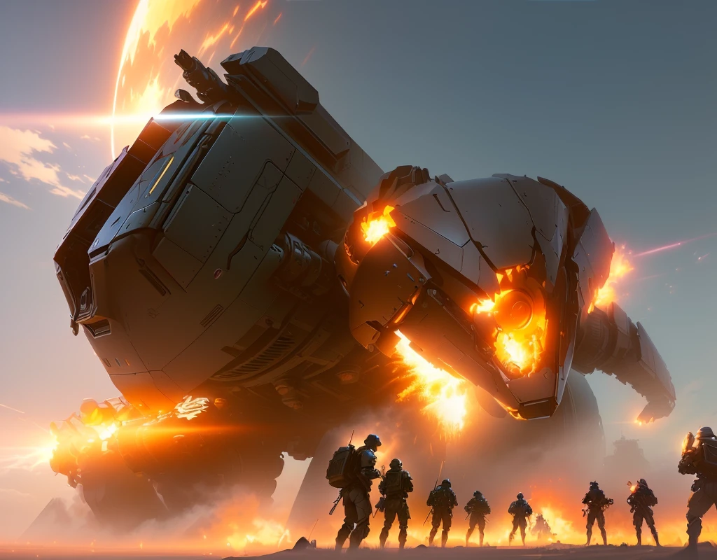 a group of people standing around a giant robot in a field, wojtek fus, fps game concept art, epic fantasy sci fi illustration, sergey kolesov concept art, jessica rossier fantasy art, concept art 4 k, concept art 4k, epic digital concept art, concept art wallpaper 4k, futuristic tank is on fire, concept art for a video game