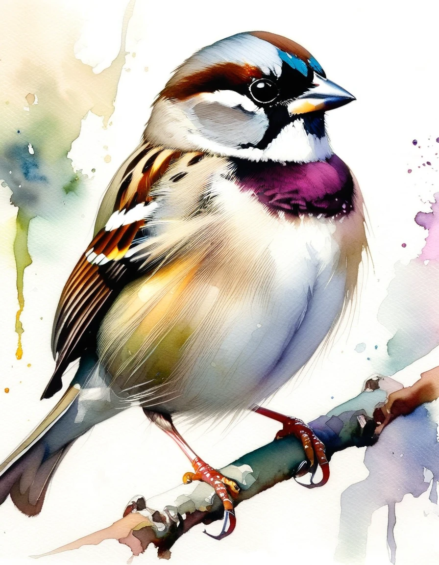 realistic watercolor of a sparrow, white background,(art inspired by Bill Sienkiewicz). oil painting)
