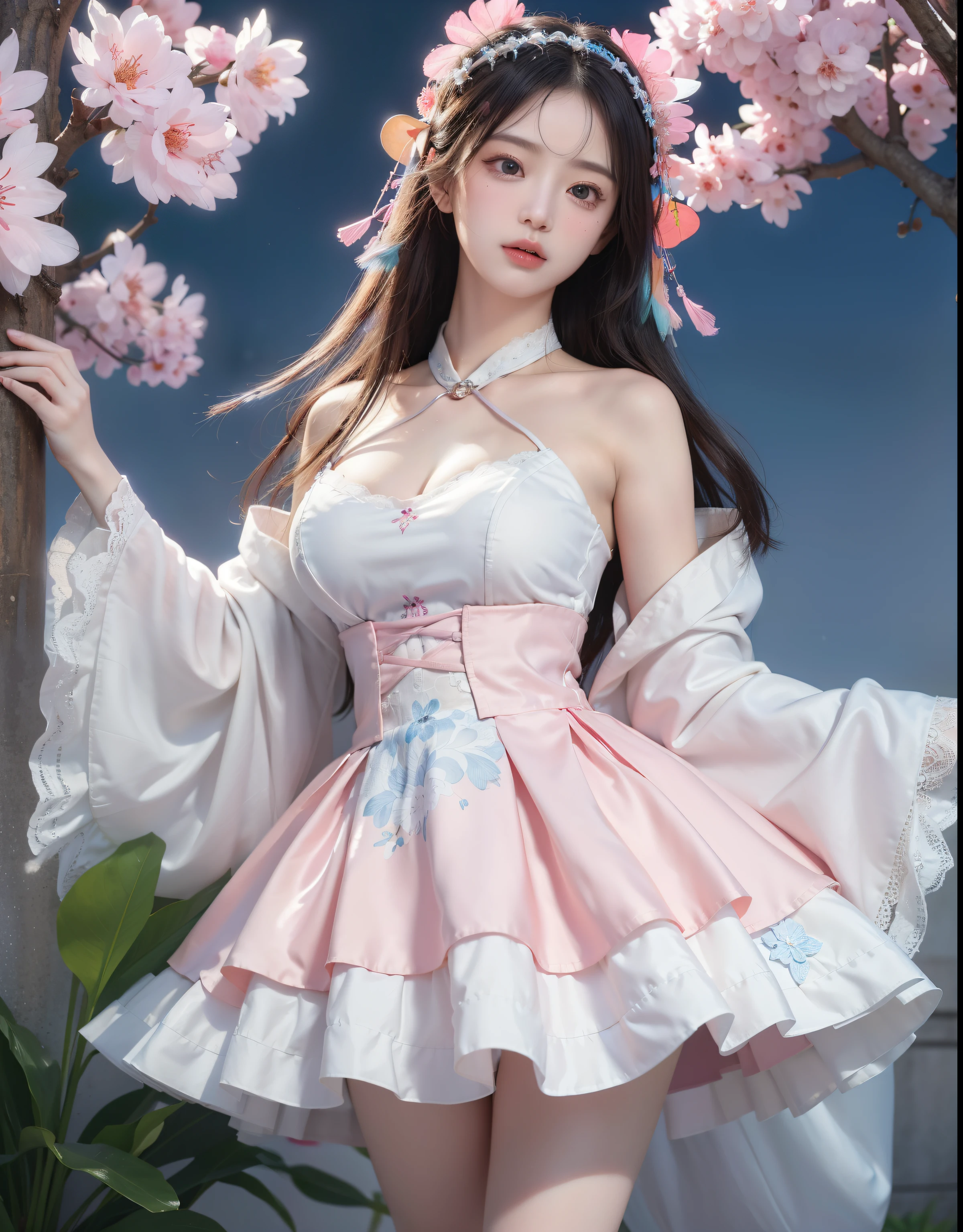 (8k, RAW photo:1.2), best quality, ultra high res,dramatic angle,(fluttered detailed color splashs), (illustration),(((1 girl))),(long hair),(rain:0.9), (Headdress:1.4),There is an ancient palace beside the girl,Hanfu,(Key Points),Color ink painting,(Splash of Color),Splash of Color,(((colorful))),(sketch:0.8) , Masterpiece, best quality, beautiful painted, highly detailed,(denoising:0.6),[splash ink],((ink refraction)), (beautiful detailed sky),moon,highly,detaild,(masterpiece, best quality, extremely detailed） CG Unity 8k Wallpaper，masterpiece，best quality，Ultra Detailed），（Lycoris）.shoulder ballet dress open V-chested clothes Thin silk lace dress short skirt , (huge ，cleavage),, white pink, blue ，best qualtiy，tmasterpiece，Ultra-high resolution，（Reality：1.4），RAW photogr，（True skin texture：1.3），（filmgrain：1.3），（Selfie angle），1个Giant Breast Girl，Beautiful eye and face details，tmasterpiece，Best quality at best，，The chest more exposed， detailed hair, bra pink purple , detail 8k, full body, lace petticoat, fan handle