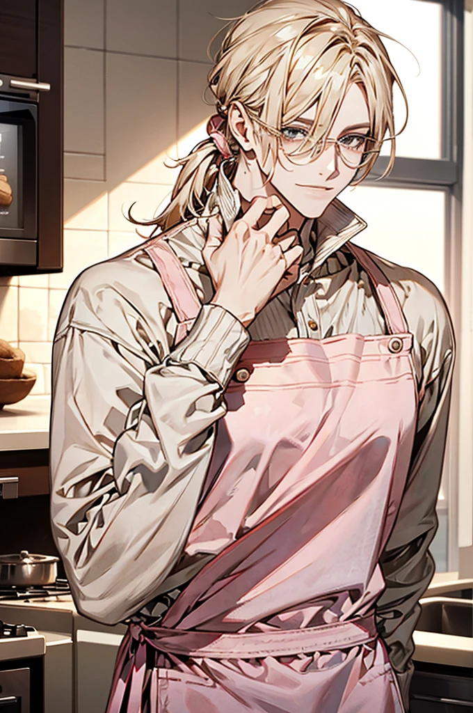 1male, ponytail hair, brown eyes, blond hair, white apron, pink sweater, glasses, mature face, ikemen, smile, baking cookies, kitchen background, 4k, high resolution, rim lighting
