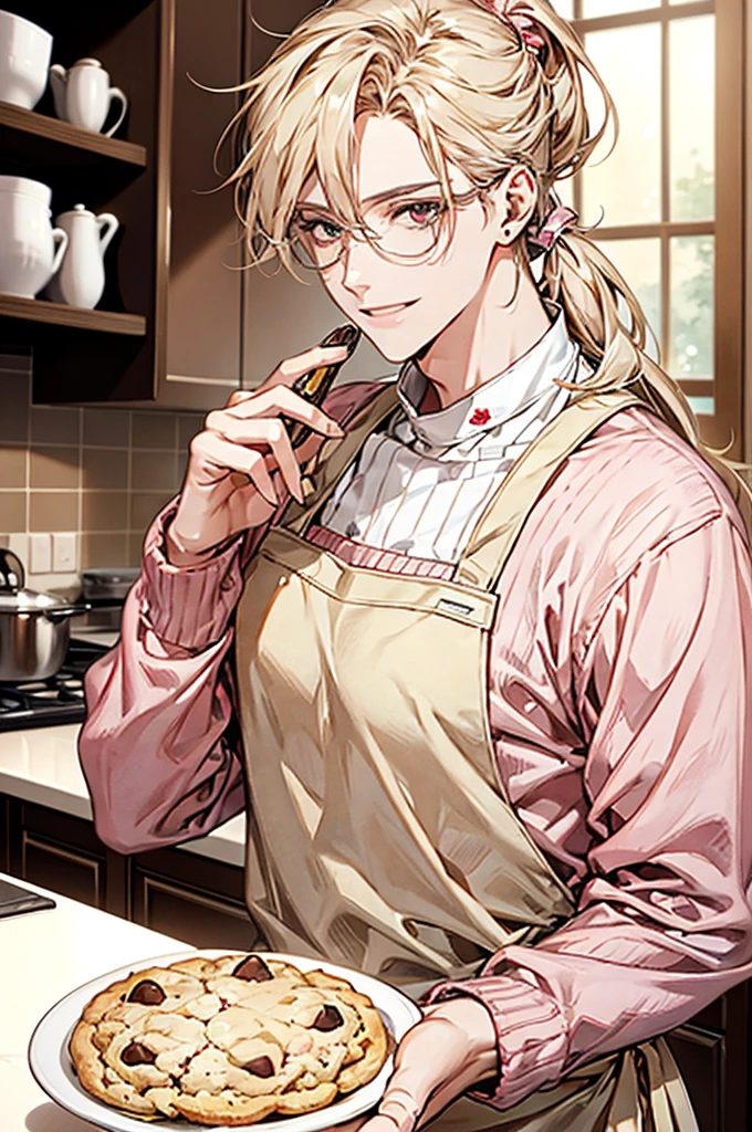 1male, ponytail hair, brown eyes, blond hair, white apron, pink sweater, glasses, mature face, ikemen, smile, baking cookies, kitchen background, 4k, high resolution, rim lighting