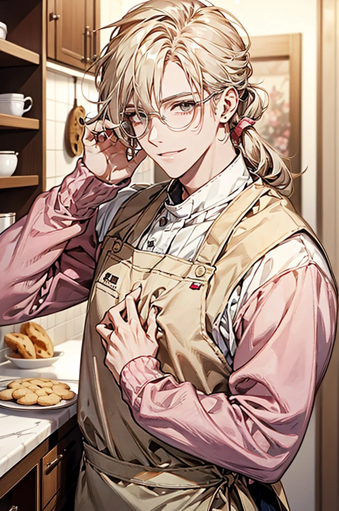 1male, ponytail hair, brown eyes, blond hair, white apron, pink sweater, glasses, mature face, ikemen, smile, baking cookies, kitchen background, 4k, high resolution, rim lighting