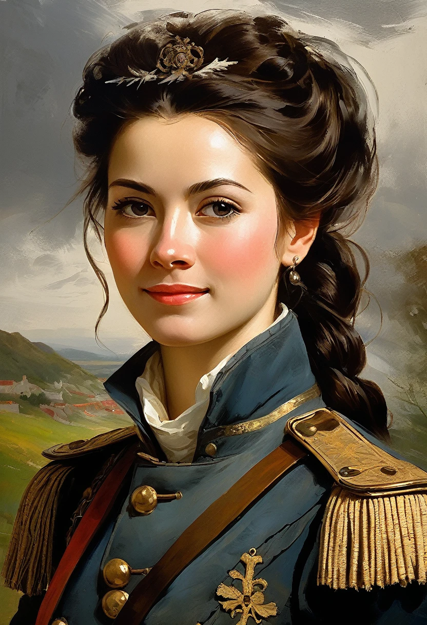 charming young pretty female warrior, brunette, smiling slightly mysteriously over her shoulder, averting her eyes, in a military artillery uniform, 18th century, cannon, redoubt, cannonballs, military battle (Joseph Koeman style)), dark Renaissance, (fog, very shabby gradient), ((palette/oil painting palette knife)), ((masterpiece)), single shot, image quality:1.2, maximum detail, perspective:1.67, 8k
