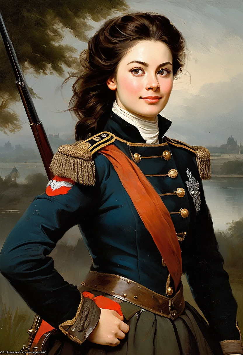 charming young pretty female warrior, brunette, smiling slightly mysteriously over her shoulder, averting her eyes, in a military artillery uniform, 18th century, cannon, redoubt, cannonballs, military battle (Joseph Koeman style)), dark Renaissance, (fog, very shabby gradient), ((palette/oil painting palette knife)), ((masterpiece)), single shot, image quality:1.2, maximum detail, perspective:1.67, 8k