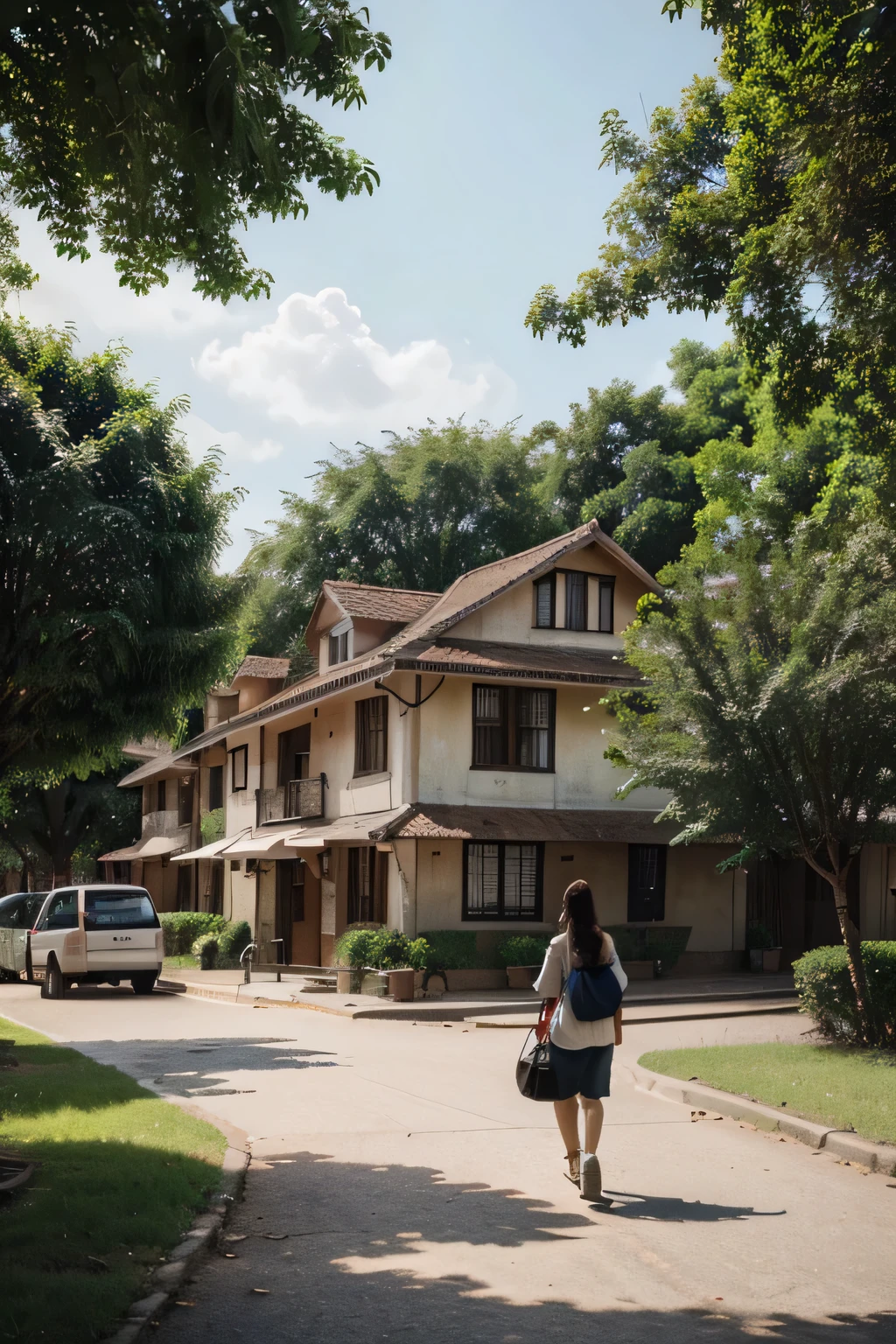 draw a perspective of a lotamanto, with several trees, beautiful houses and people walking on the street