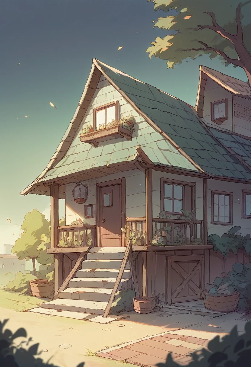 cartoon house with a porch and stairs leading to a porch, background art, house background, anime background art, cottagecore!!, background artwork, detailed fanart, cozy home background, anime background, idyllic cottage, hq very detailed, little cottage, by Ryan Yee, detailed 2d illustration, cottagecore, highly detailed and colored, highly detailed illustration