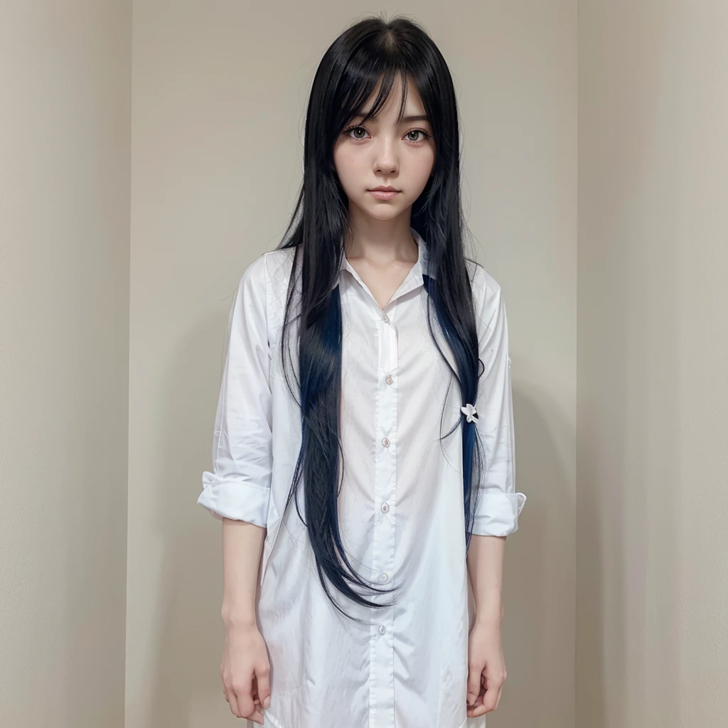anime girl with long black hair and blue eyes wearing a white shirt, Anime drawing by Jin Homura, featuring.pixiv, art writing, Anime mo art style, cute anime girl, Ilya Kuvshinov with long hair, (anime girl), 4K anime style, Kawaii anime in manga style, Cute anime style, Cute anime, Cute kawaii girl