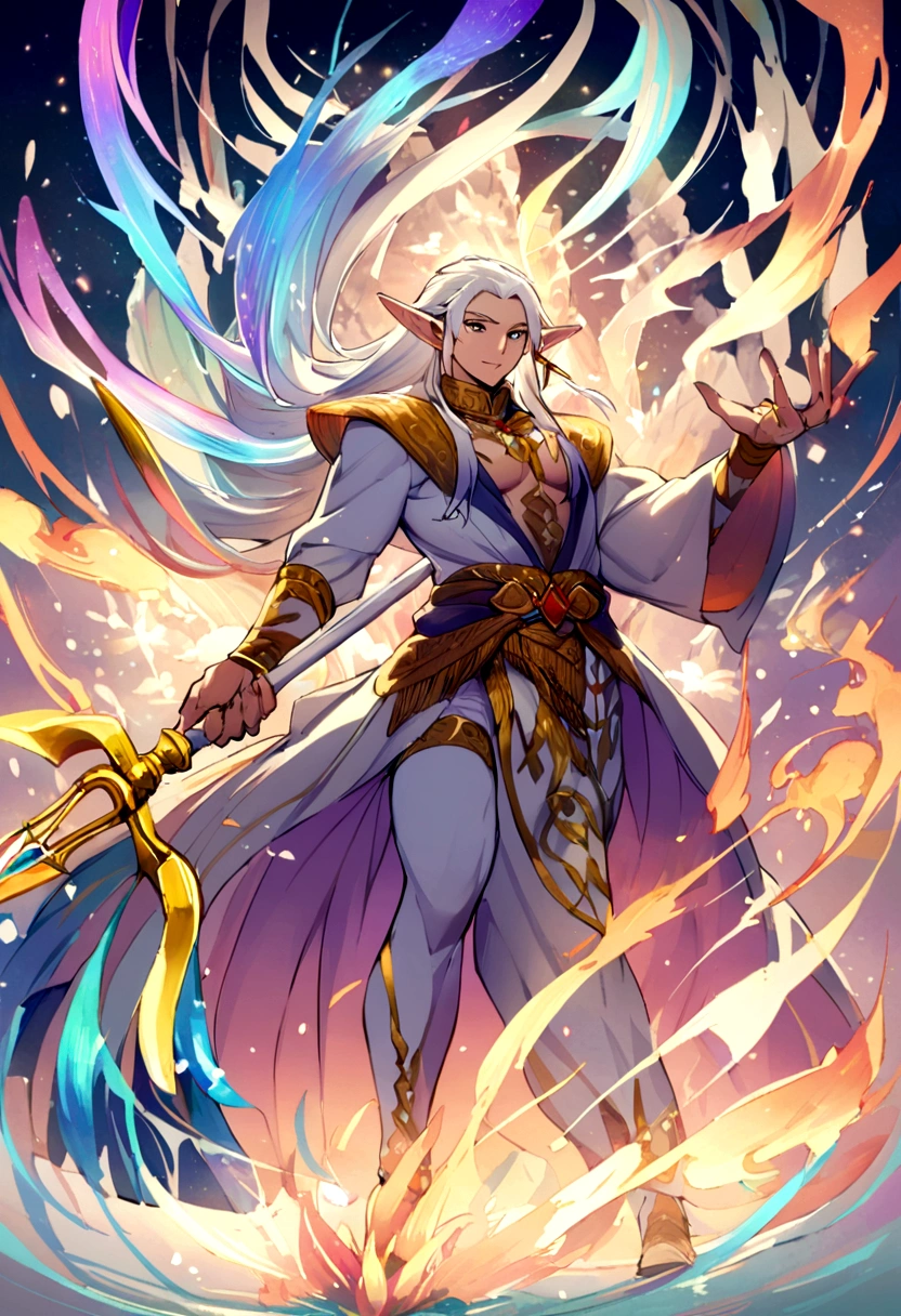 a palandin warrior with light magic MAN with a spear in his hand with his race being elf