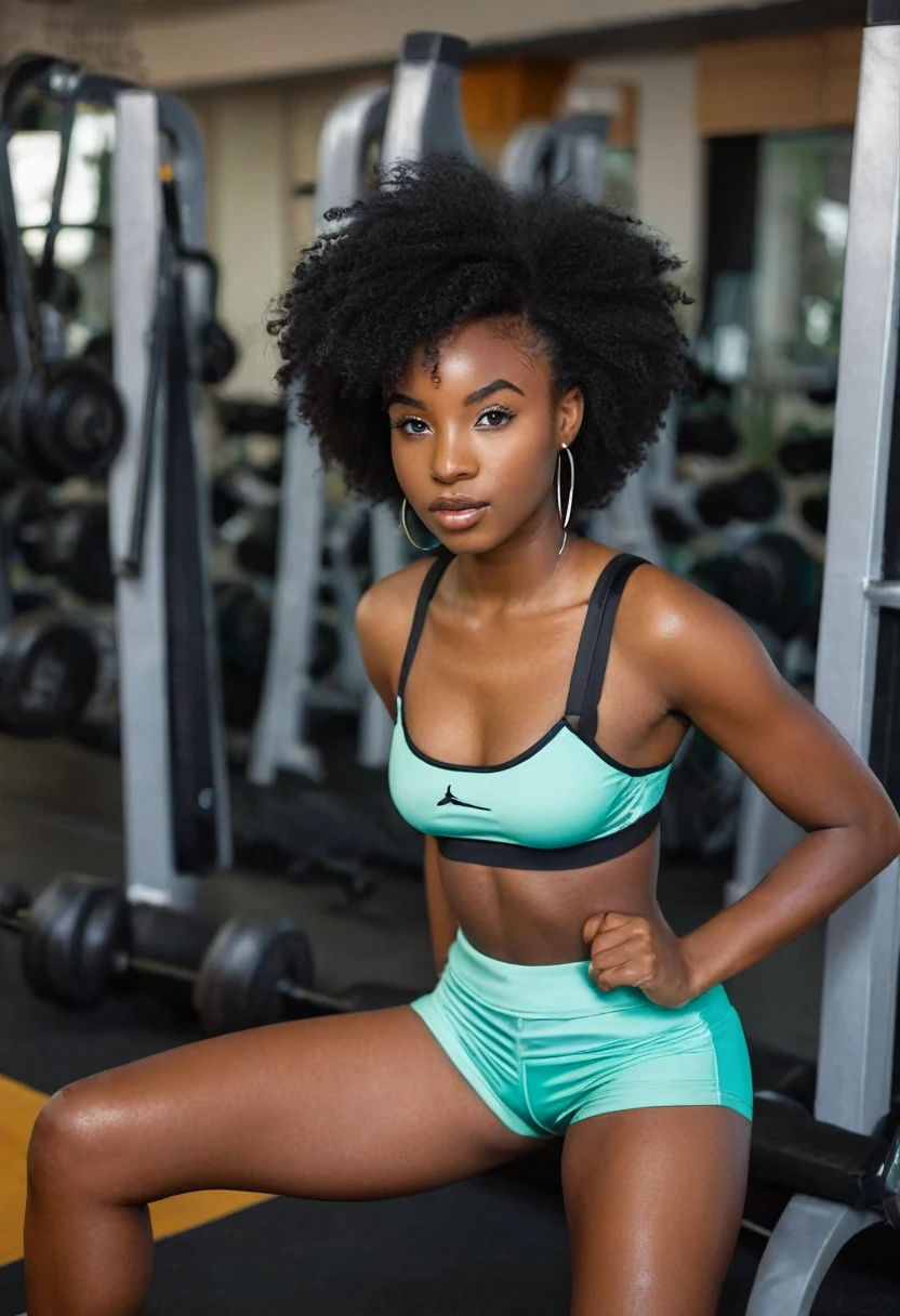 20 year old black African woman, Black hair blackpower Perfect Face, Wearing Thin Strap Bra and Sexy Short Tight Gym Shorts