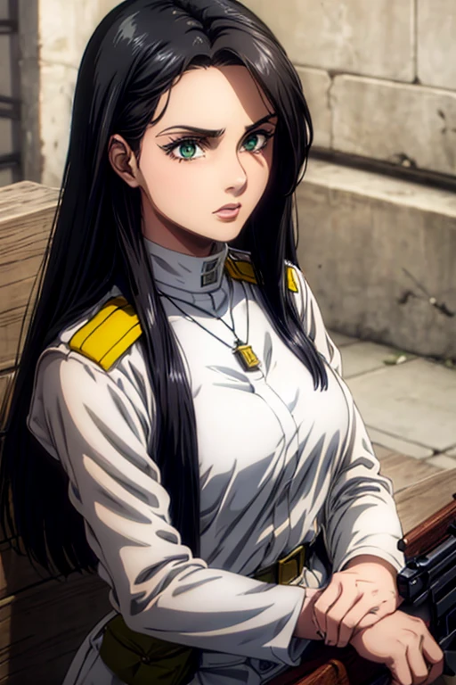 30 year old woman, long black hair, greeneyes, neutral expression, necklace on the neck, White military uniform, holding gun, liberia