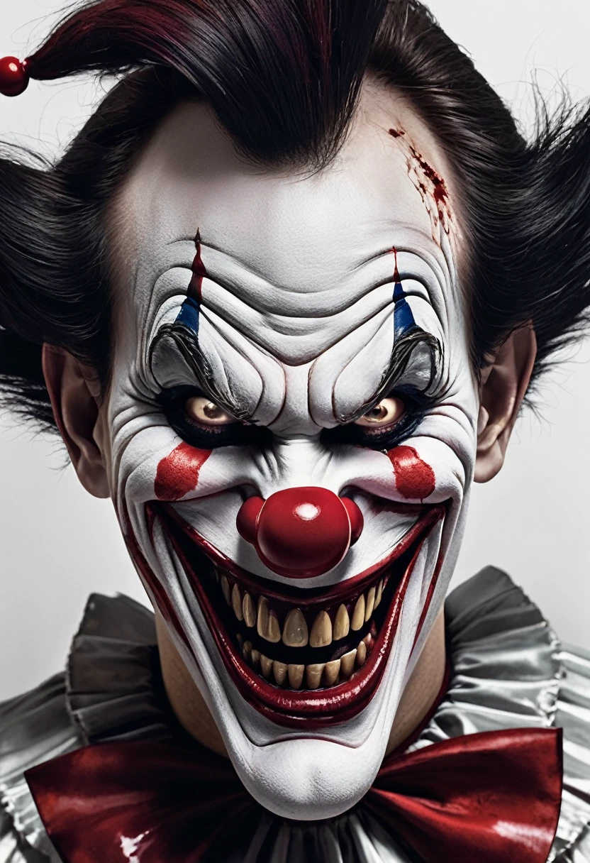 Create an ultra realistic image of a demonic clown that causes panic just by looking at it. The clown must have a grotesquely distorted face, with a wide and evil smile, displaying sharp, blood-stained teeth. Your eyes should be intensely red, shining with terrifying malevolence, and surrounded by dark circles that highlight their madness. Your skin must be cadaverous white, with cracks and bloodstains.