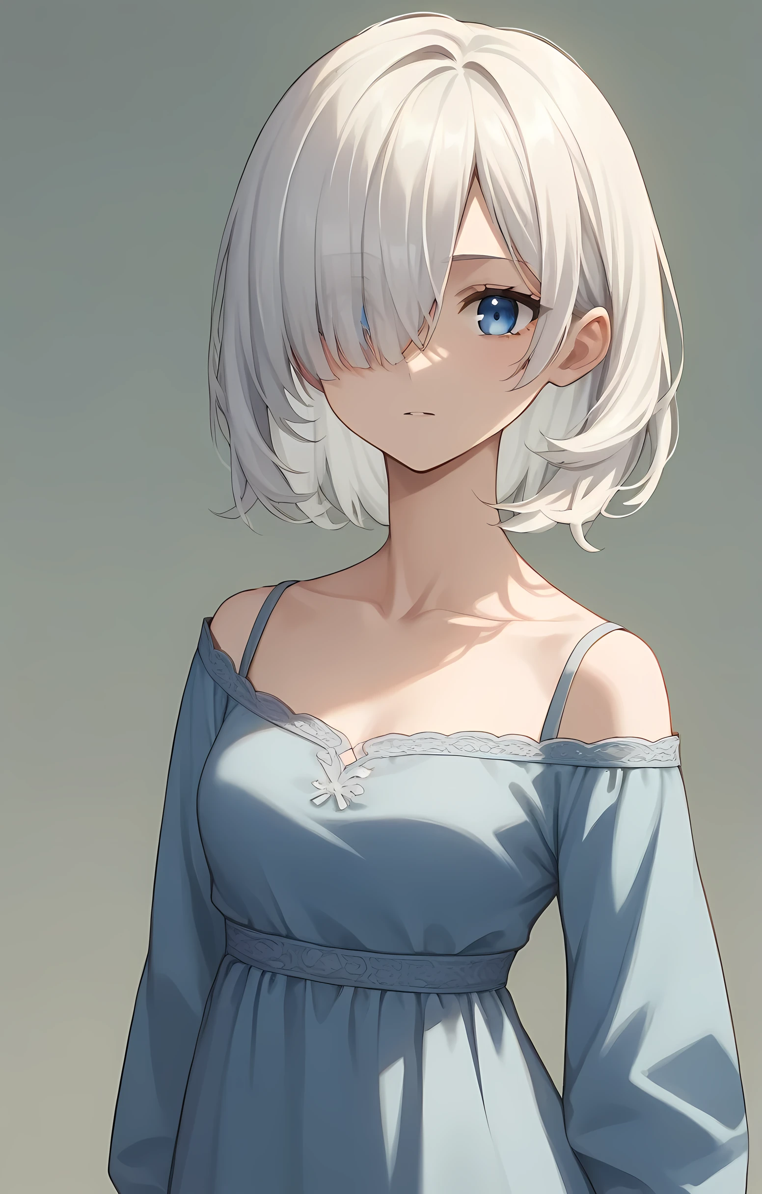 score_9, score_8_up, score_7_up, score_6_up, score_5_up, score_4_up, BREAK source_anime, one anime girl, blue eyes, white hair, medium hair, hair covers one eye, white and blue dress,