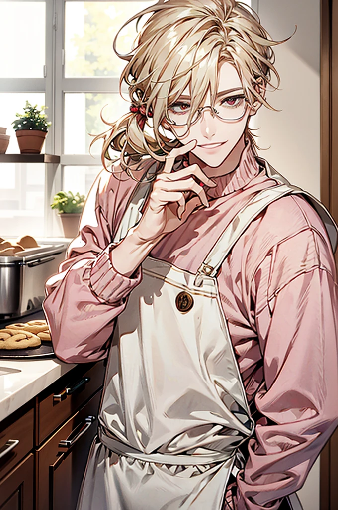 1male, ponytail hair, brown eyes, blond hair, white apron, pink sweater, glasses, mature face, ikemen, smile, baking cookies, kitchen background, 4k, high resolution, rim lighting