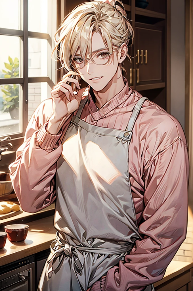 1male, ponytail hair, brown eyes, blond hair, white apron, pink sweater, glasses, mature face, ikemen, smile, baking cookies, kitchen background, 4k, high resolution, rim lighting