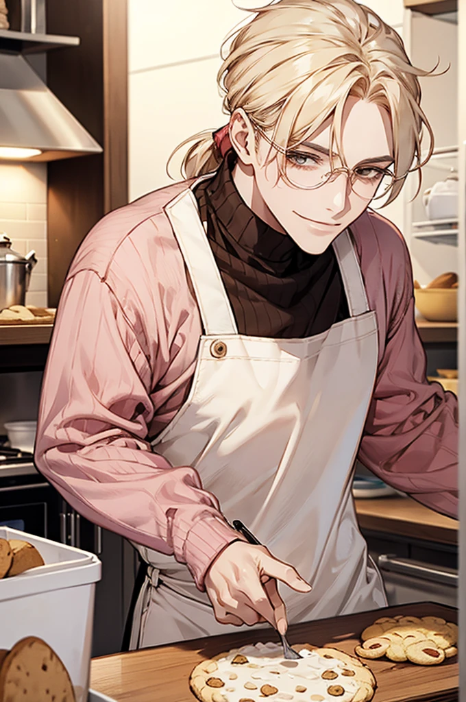 1male, ponytail hair, brown eyes, blond hair, white apron, pink sweater, glasses, mature face, ikemen, smile, baking cookies, kitchen background, 4k, high resolution, rim lighting