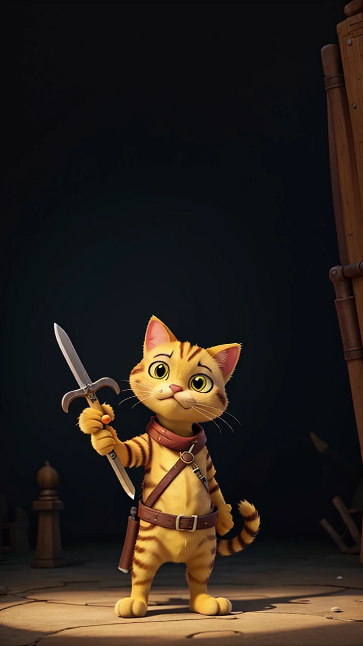 A yellow cat with a sword in his hand 
