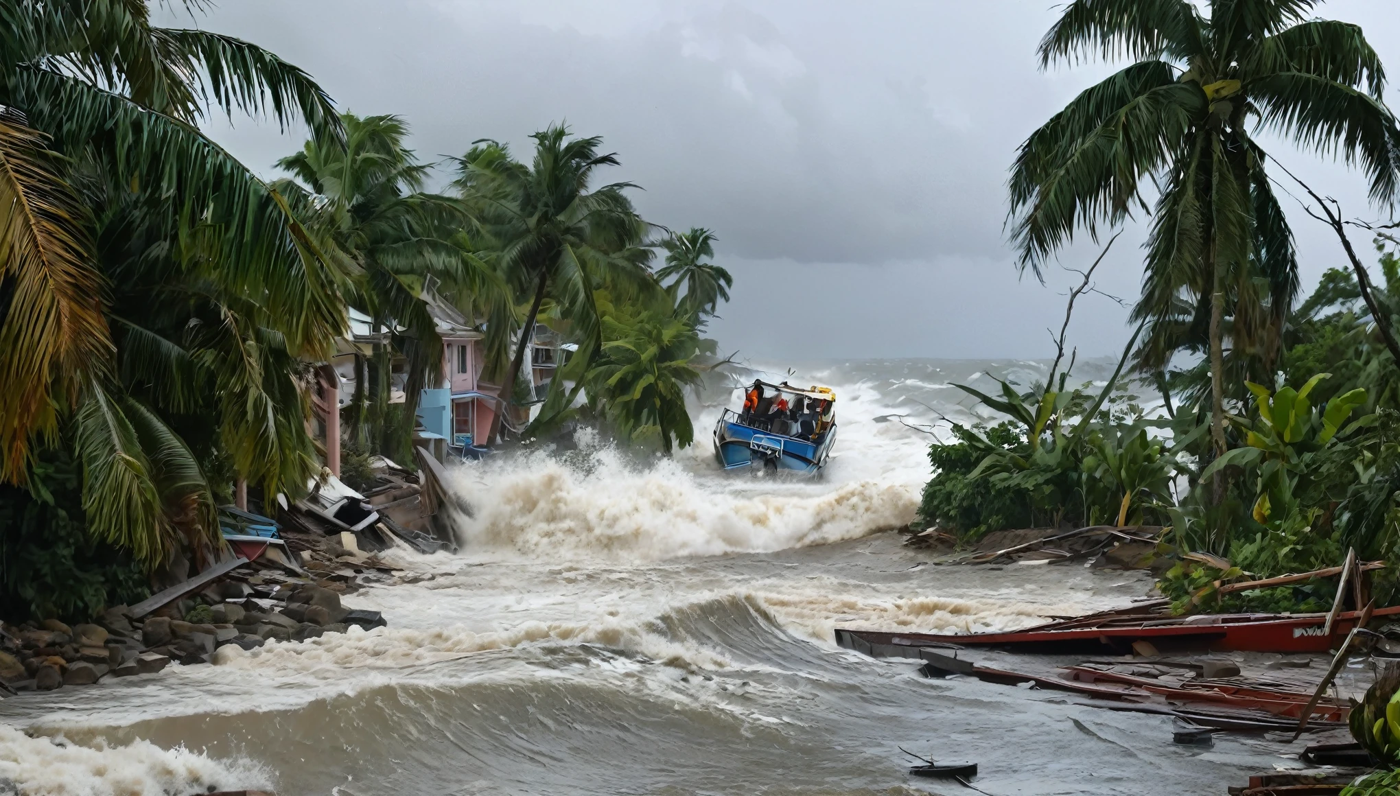 Category 5 hurricane invades the island of Jamaica with strong winds and giant waves. destroyed houses, overturned boats and flooded streets