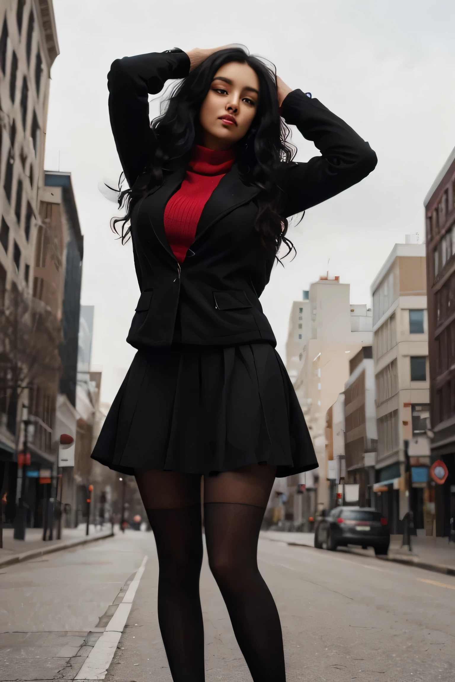 woman, long curly black hair, medium bust, wide legs, thick legs, black jacket, red skirt, black tights, hands on head, looking at camera, photorealistic