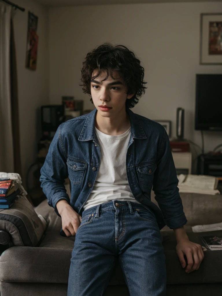 The male actor devon bostick as rodrick heffley, black curly hair, smooth body, no abs, blue jeans pants, messy living room in the morning background, emo gay, beautiful.
