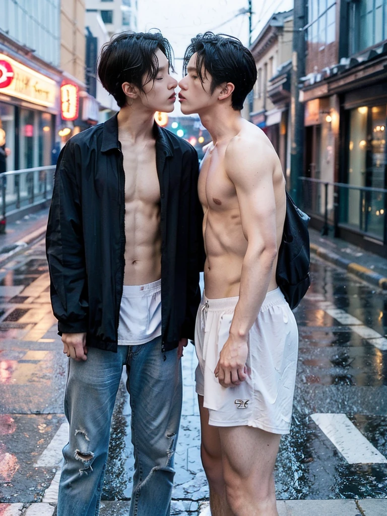 Two boys kissing，in the street, under the heavy rain，Raised sexy, wear thong underwear, show abs, topless,