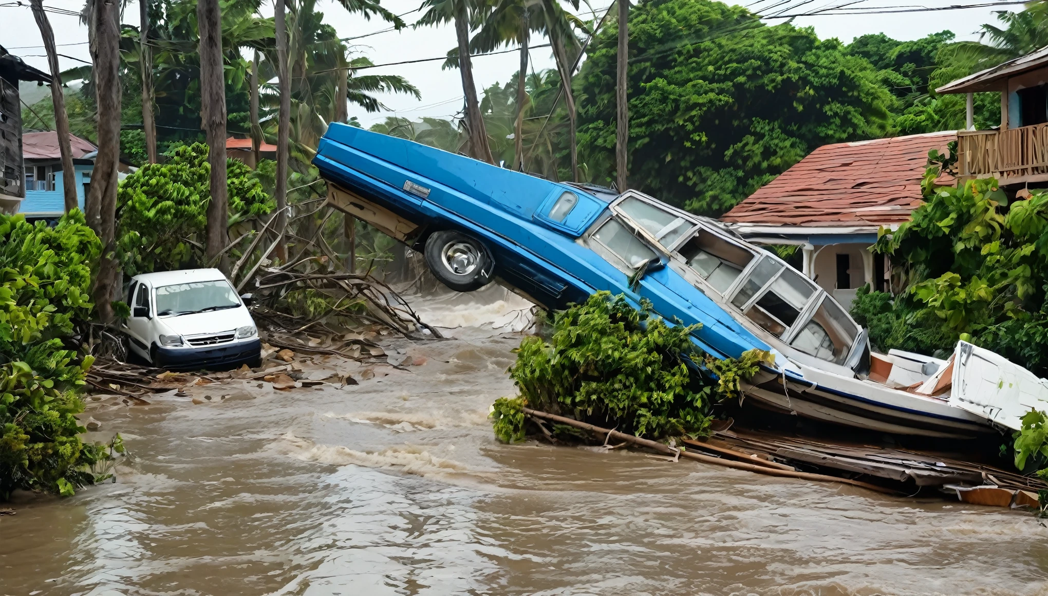 Category 5 hurricane invades the island of Jamaica with strong winds and giant waves. destroyed houses, overturned boats and flooded streets