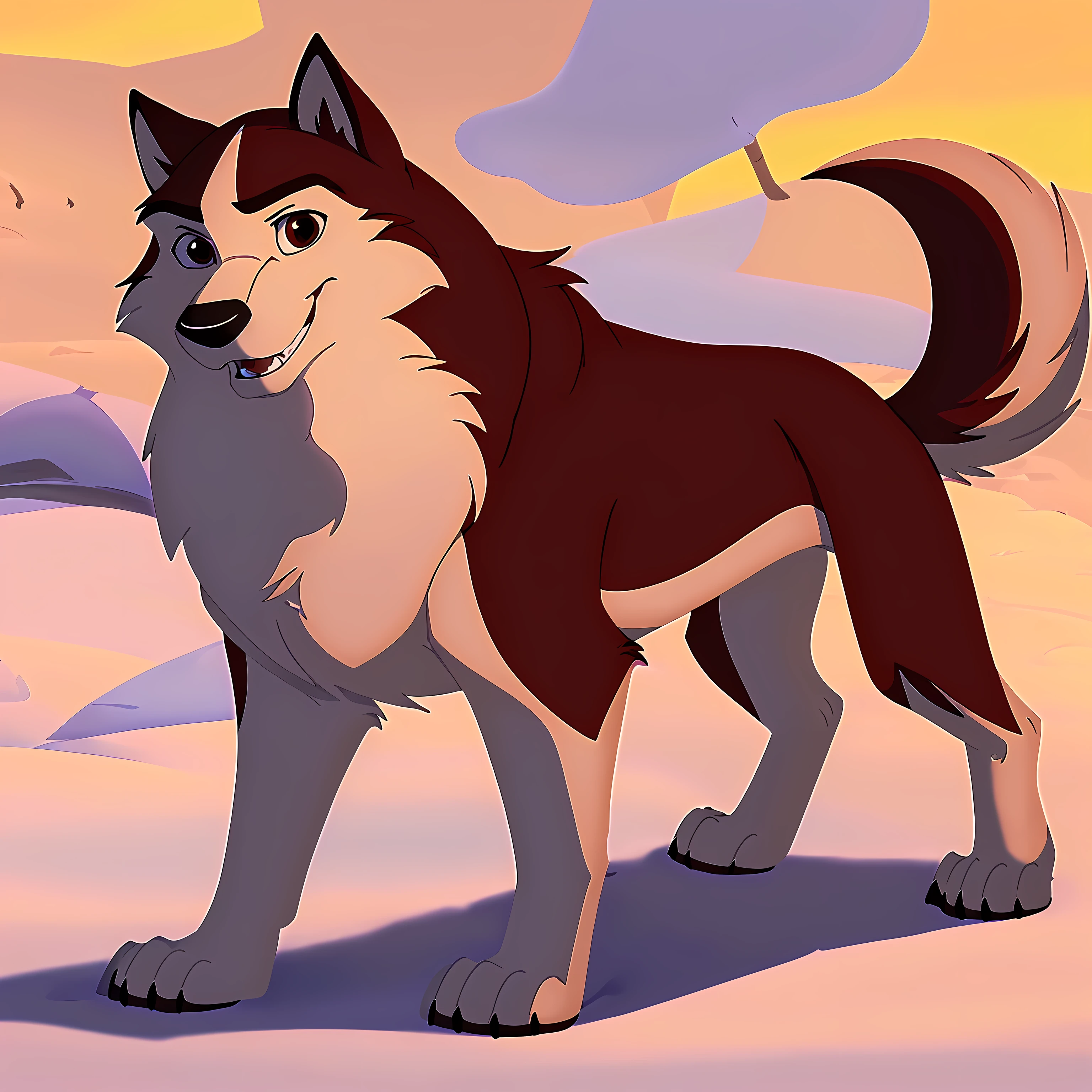 kodi, kodiak (balto), full body, feral, detailed, detailed eyes, quadruped, male, wolf, wolf body, wolf tail, brown eyes, cartoon shading, cel shaded:1.0, white background:1.5, full body, paws, cartoony, smile, happy