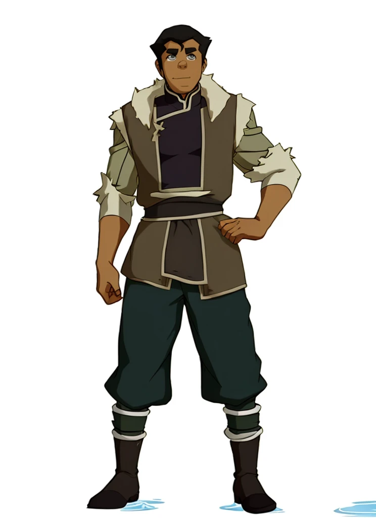 African-American male Bolin , the legend of Korra character, purple water tribe outfit, dark purple pants, fur collar, clothing from the water tribe, side shaved hair African-American
