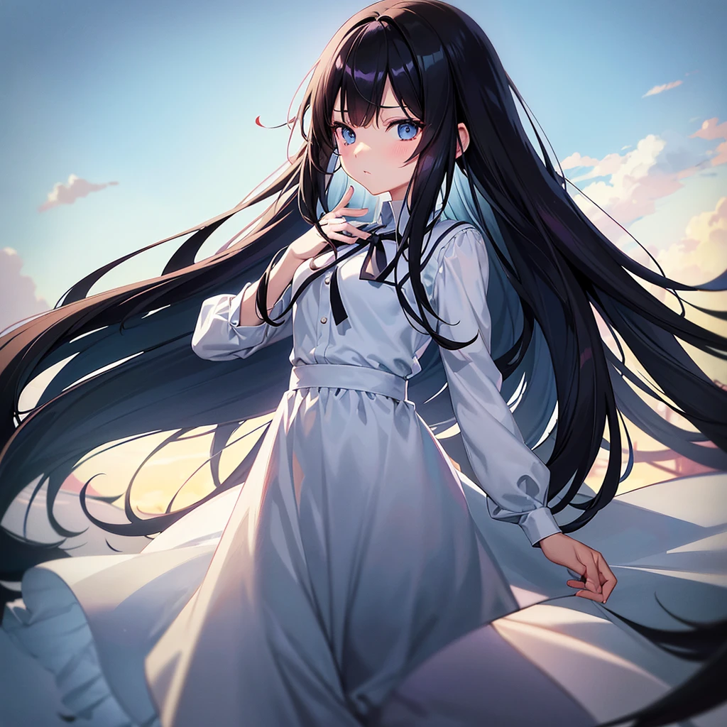 anime girl with long black hair and blue eyes wearing a white shirt, Anime drawing by Jin Homura, featuring.pixiv, art writing, Anime mo art style, cute anime girl, Ilya Kuvshinov with long hair, (anime girl), 4K anime style, Kawaii anime in manga style, Cute anime style, Cute anime, Cute kawaii girl