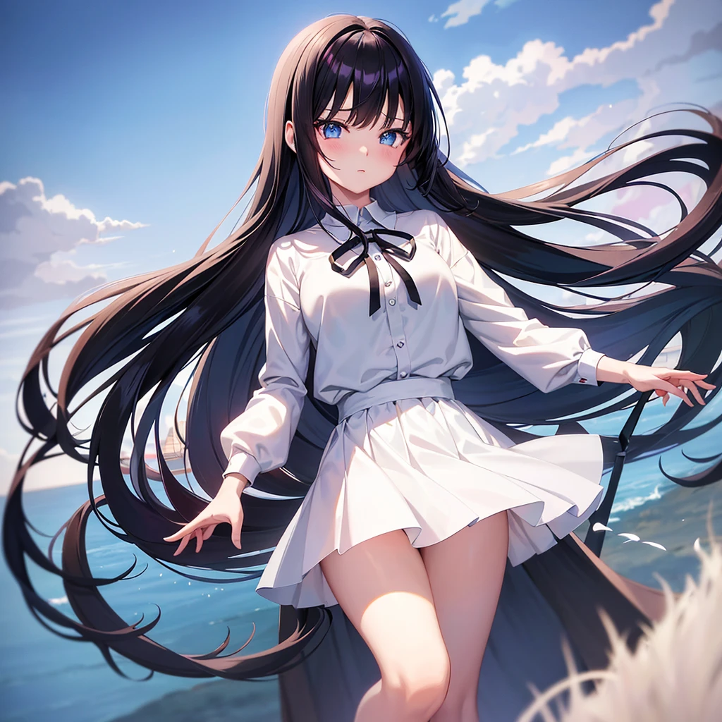 anime girl with long black hair and blue eyes wearing a white shirt, Anime drawing by Jin Homura, featuring.pixiv, art writing, Anime mo art style, cute anime girl, Ilya Kuvshinov with long hair, (anime girl), 4K anime style, Kawaii anime in manga style, Cute anime style, Cute anime, Cute kawaii girl