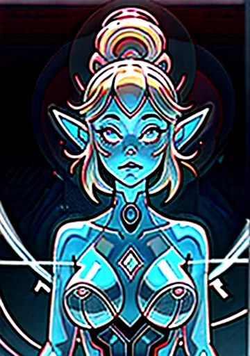 A fascinating masterpiece by the artist Cepriu. double exposure of the portrait of a sensual elf looking at the viewer, and touching her breasts with her hand. with neon spray paint, whose silhouette is elegantly framed by bright and vibrant colors. On the horizon the elven kingdom is reflected in the dark waters below, and the elf appears to be on top of a roof. Neon hues intertwine and glow, creating an otherworldly atmosphere. The background is a captivating mix of deep purples, blues and greens, with electric yellow accents. This visually stunning and immersive experience captures the essence of mystical elven life, fusing technology with art.