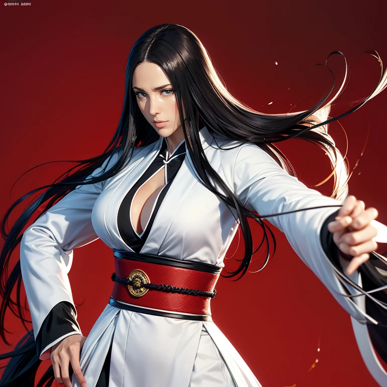 (((Perfect figure,figure,black Japanese clothing,feather woven, (((bleach,(((Scars on the chest))), red eyes,Unohana))),S-shaped figure:1.7))),((masterpiece)),high resolution, ((Best quality at best)),masterpiece,quality,Best quality,((( Exquisite facial features,looking at the audience,There is light in the eyes,Happy,nterlacing of light and shadow,huge ))),(((looking into camera,fighting stance,red background,Blood)))