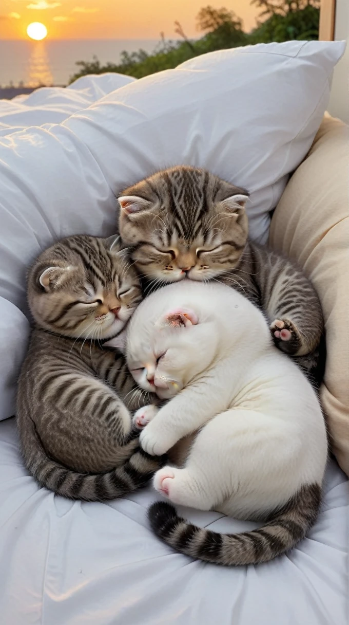 With the sunset in the background,(masterpiece:1.2, high quality), Sleeping together in bed2Scottish Fold kittens、