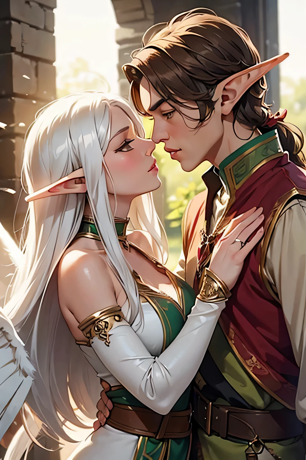 an elf man with short brown hair is kissing on the lips an elf woman with long white hair ( the two have wings)
