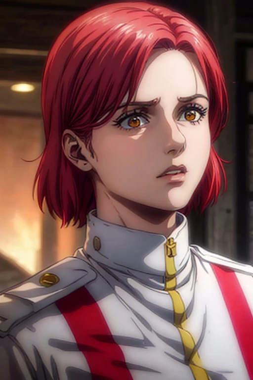 30 year old woman, channel red hair, gold eyes, neutral expression, White military uniform, liberia, Marley