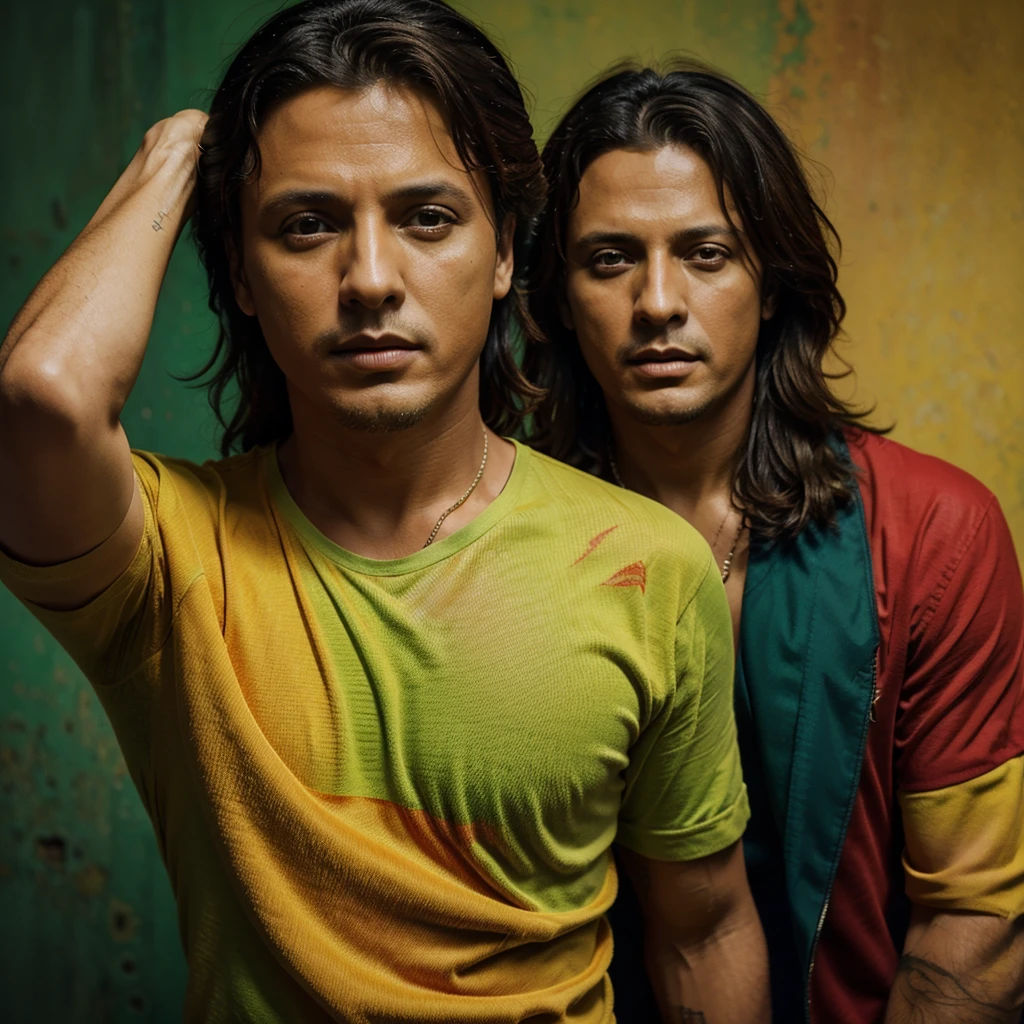 Take the cover image of a Luis Miguel album and put green, yellow and red colors on it in the style of Bod Marley