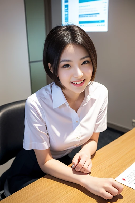 (A beautiful Japanese office lady, age 28, wearing formal White shirt with buttons & grey mini-skirt, resting in office at midnight, thoughtful expressions, kind smile, dimpled chins, cute snaggle-tooth, short bob hair ponytail, symmetrical face, realistic detailed face, beautiful detailed eyes, perfect body proportions, ample round bosoms, photorealistic, hyper-realism, high contrast, ultra HD, realistic skin textures, top image quality, top-quality, super high resolution, fine details, very meticulously, masterpiece, head to knees, High Angle Shot, bokeh background)