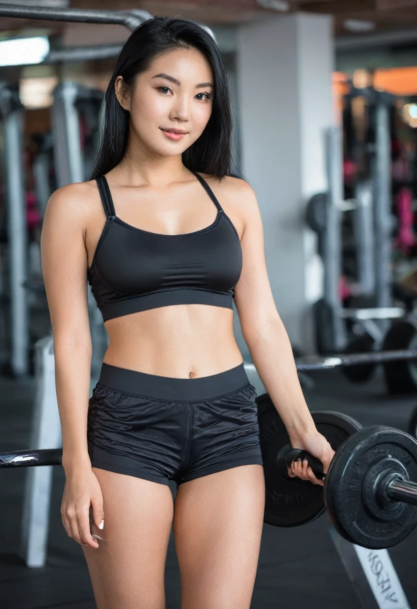 Woman 20 Years Old Asian ethnicity, Perfect Face Black Hair,  Wearing Thin Strap Bra and Sexy Short Tight Gym Shorts