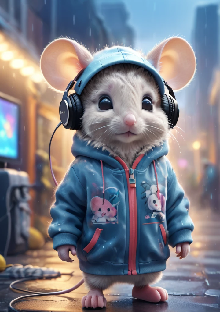Cute baby mouse with fluffy fur wearing urban outfit, a sweatshirt and headphones, The background is modern and inorganic, adorable digital painting, 3d rendered, Bright lighting, vibrant colors, outside and raining