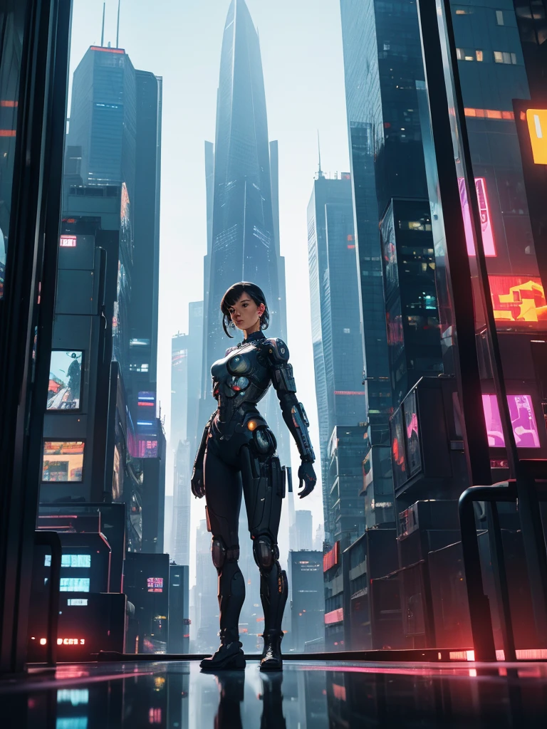 a half-cyborg girl observes the cyberpunk city where she lives full of skyscrapers which can be seen reflected on the glass next to the window from which she observes (she is in the foreground) the city where war explosions appear